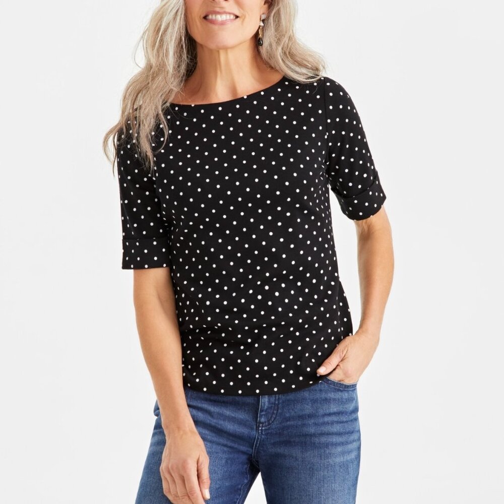 Style & Co Women's Printed Elbow-Sleeve Top - Dot Black